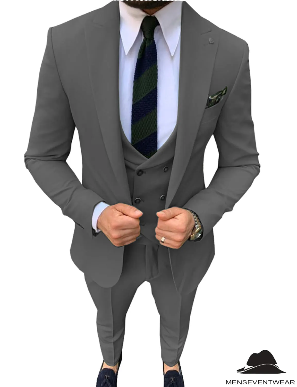 3 Pieces Mens Suit Slim Fit Solid Peak Lapel Tuxedos (Blazer vest Pants)