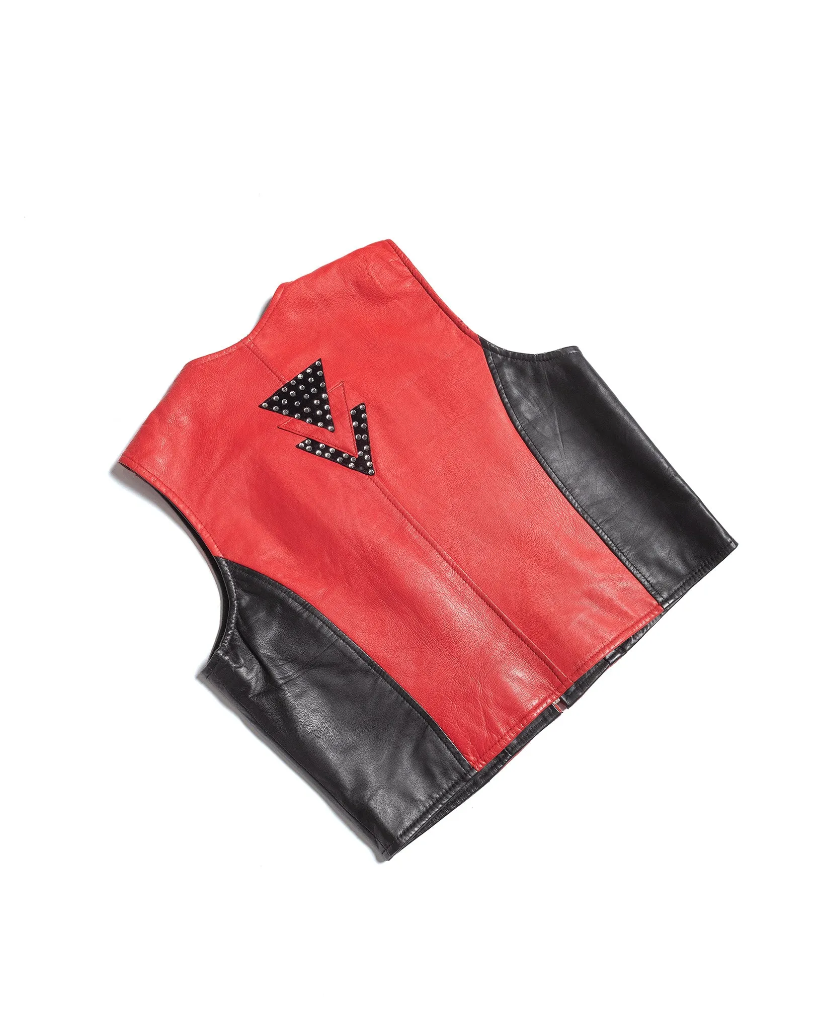 80s Black and Red Leather Studded Triangle Vest