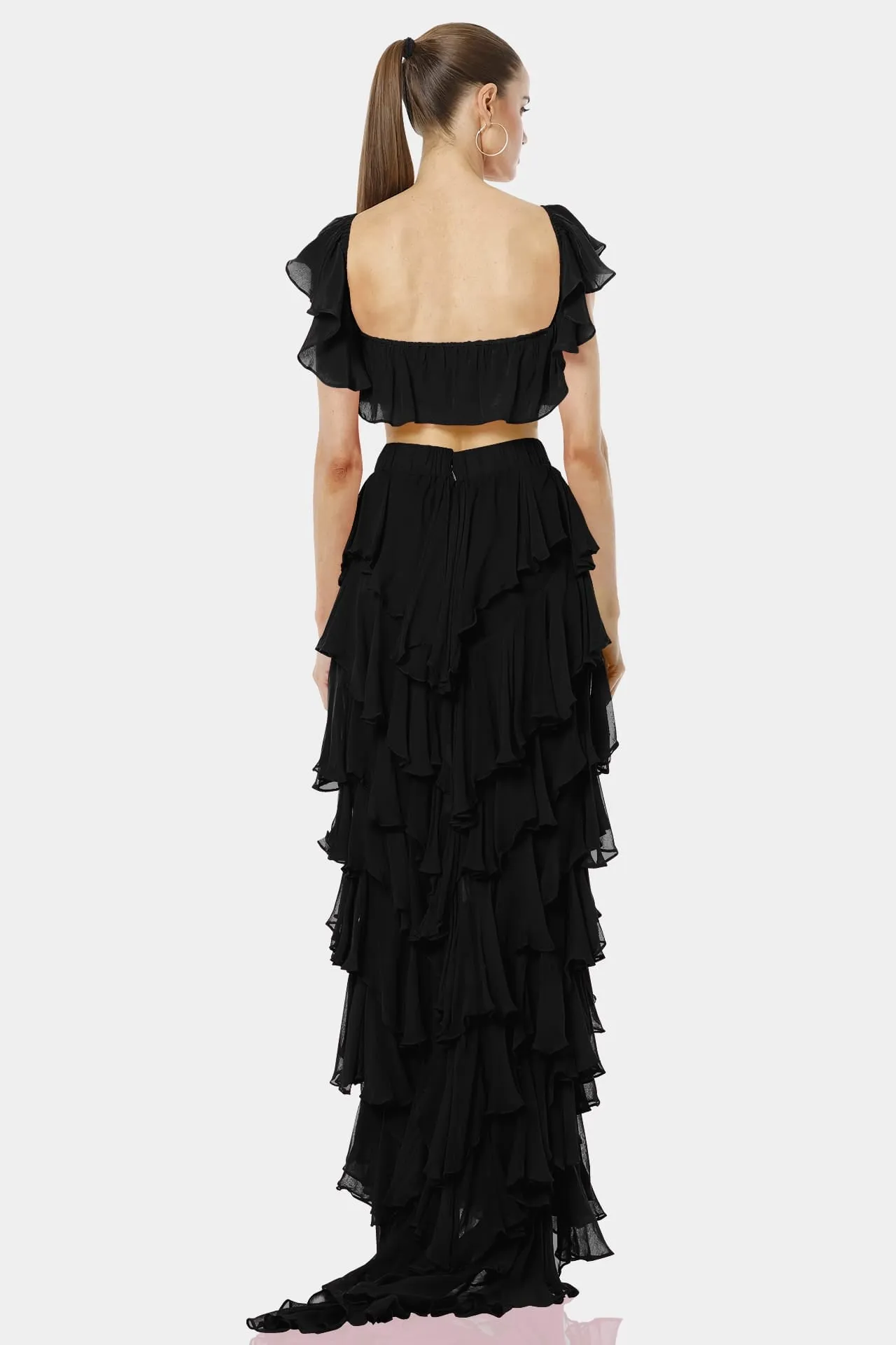 Almyra Black High Split Long Ruffle Skirt