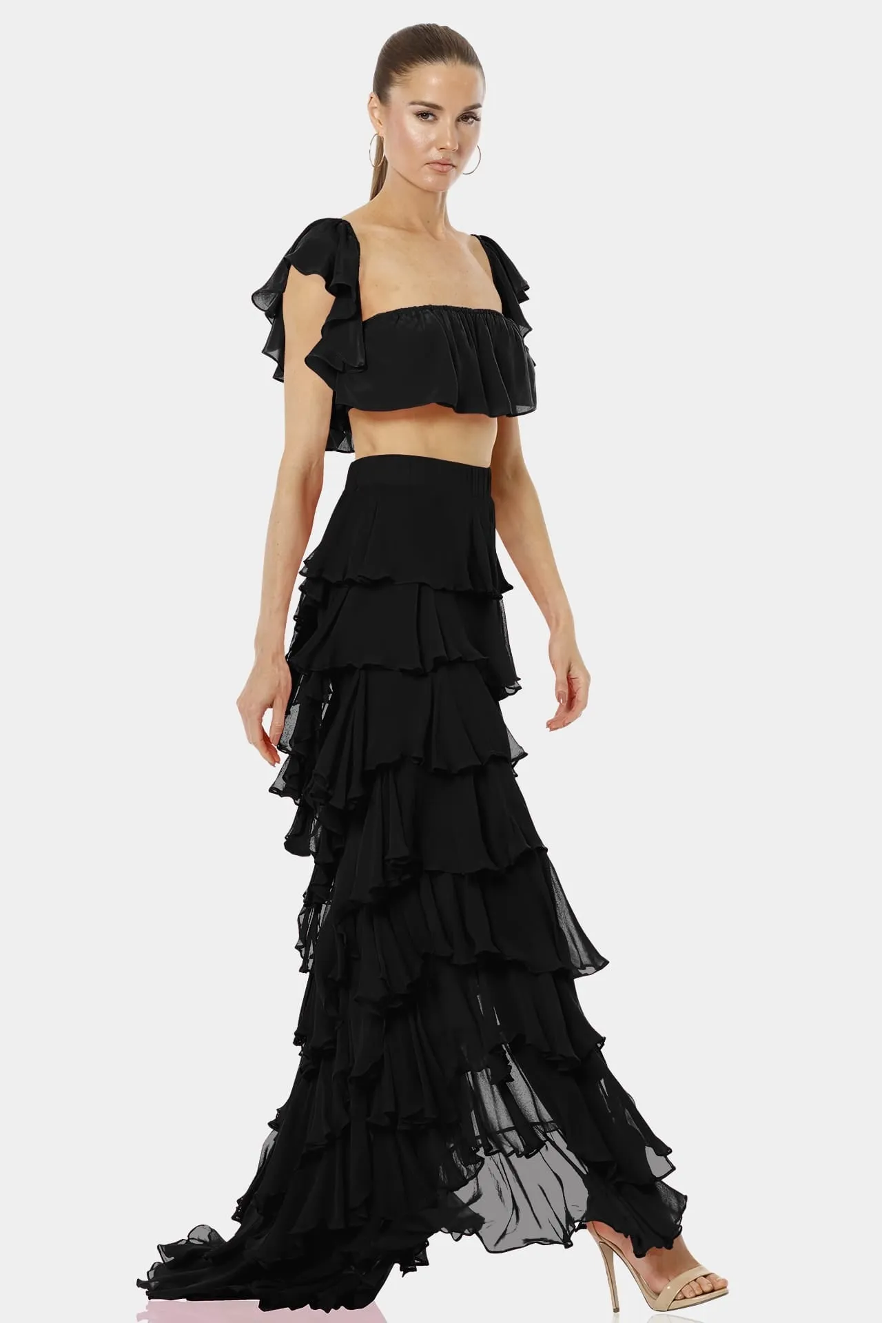 Almyra Black High Split Long Ruffle Skirt
