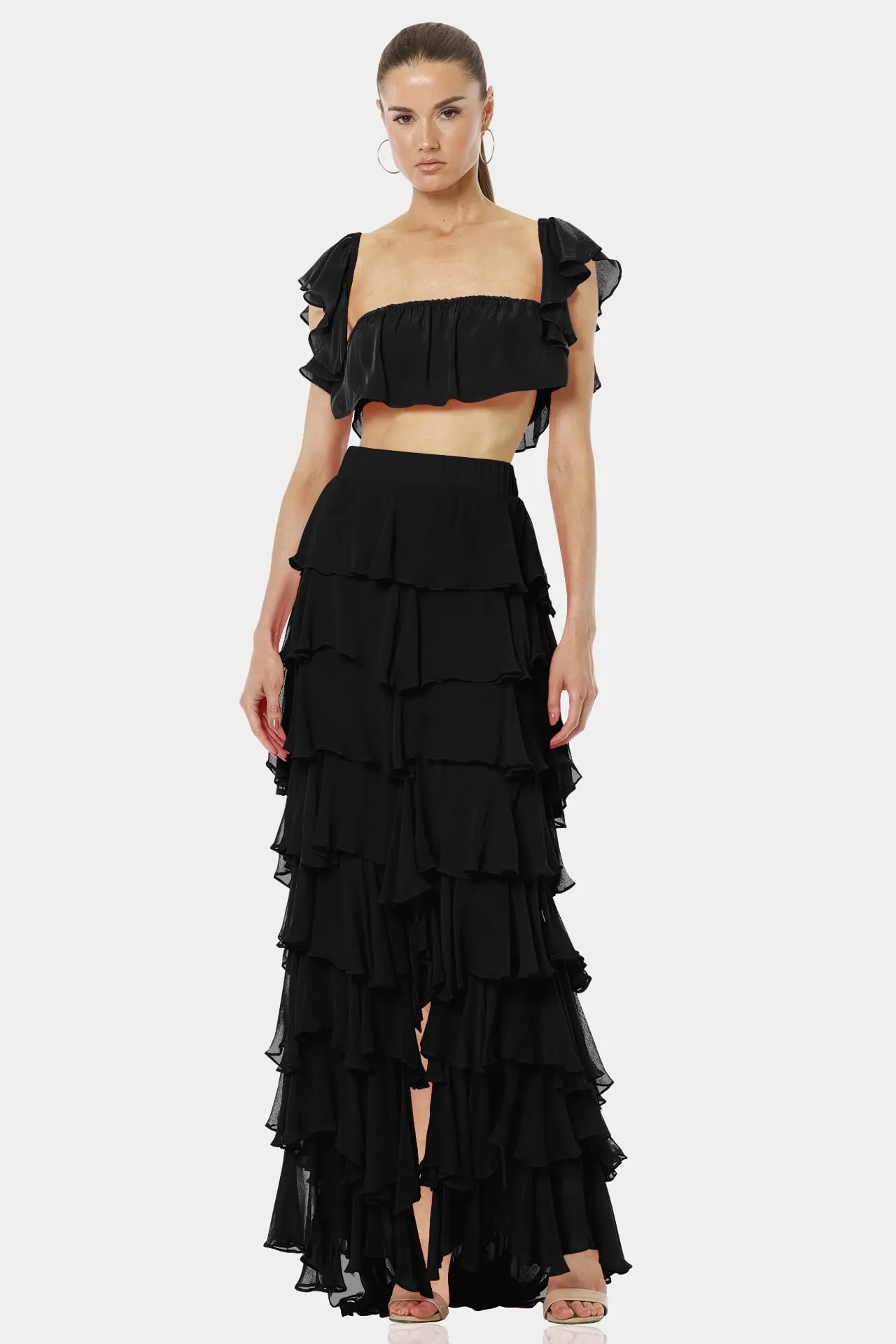 Almyra Black High Split Long Ruffle Skirt