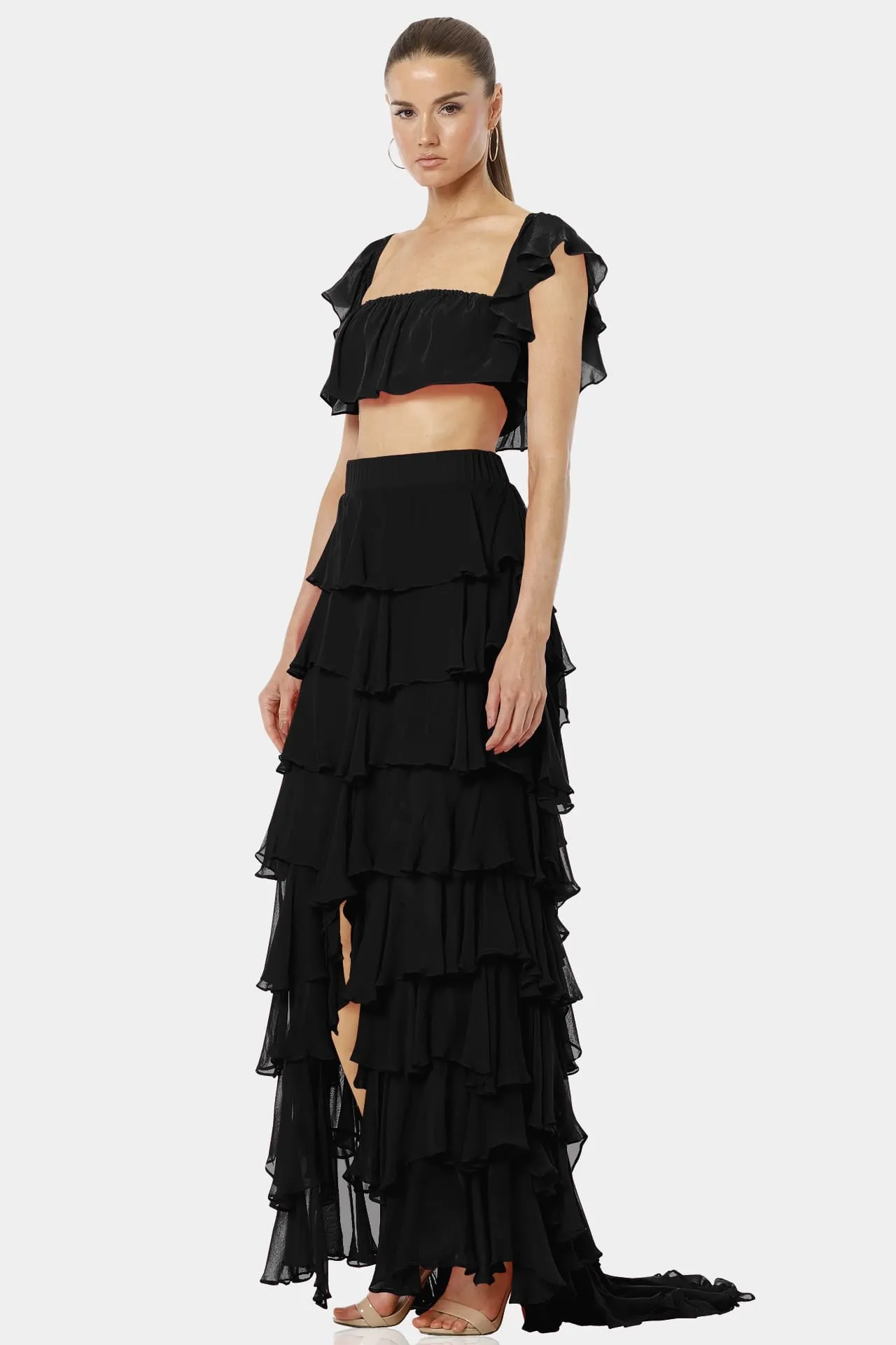 Almyra Black High Split Long Ruffle Skirt