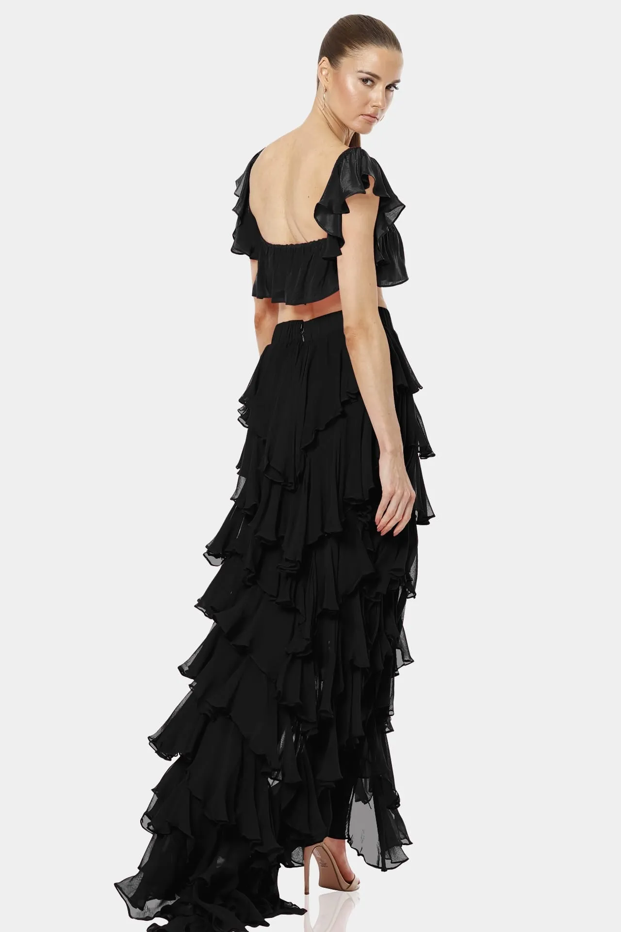 Almyra Black High Split Long Ruffle Skirt