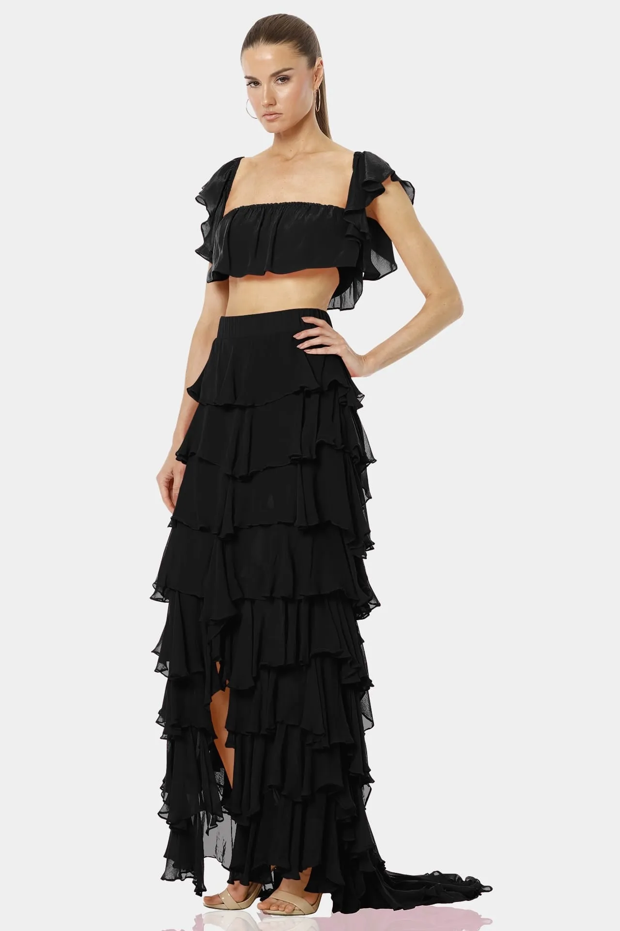 Almyra Black High Split Long Ruffle Skirt