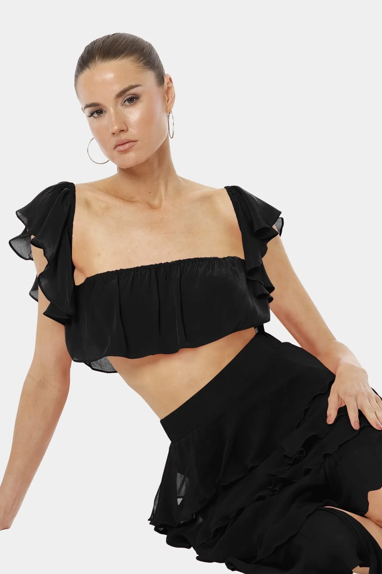Almyra Black High Split Long Ruffle Skirt