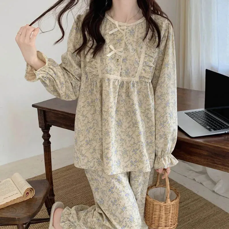 binfenxie Lace Sleepwear Vintage Women Pajamas Set for Home Floral Long Sleeve Pants Suit 2 Pieces Spring Ruffle Korean O-neck Night Wears