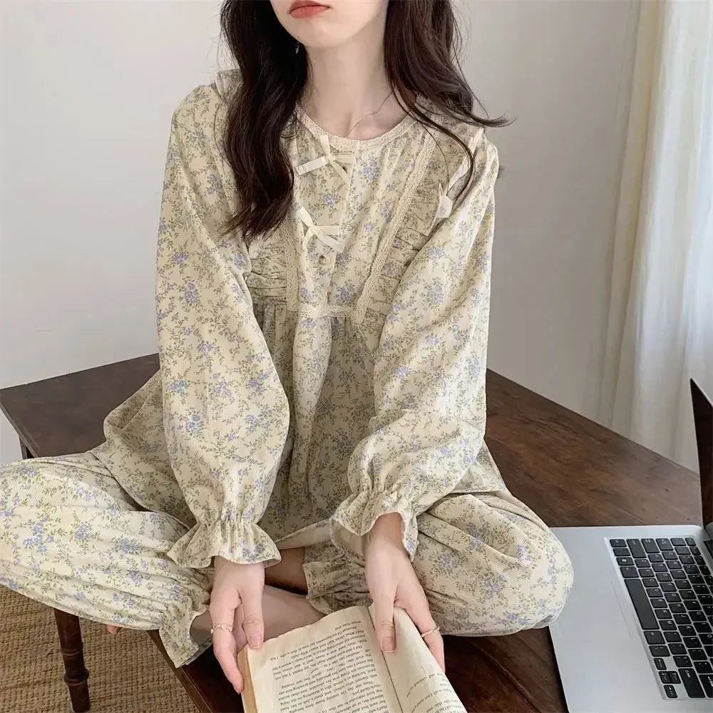 binfenxie Lace Sleepwear Vintage Women Pajamas Set for Home Floral Long Sleeve Pants Suit 2 Pieces Spring Ruffle Korean O-neck Night Wears