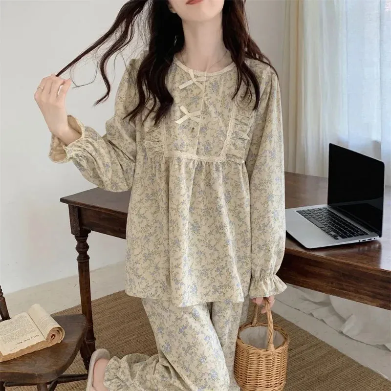 binfenxie Lace Sleepwear Vintage Women Pajamas Set for Home Floral Long Sleeve Pants Suit 2 Pieces Spring Ruffle Korean O-neck Night Wears