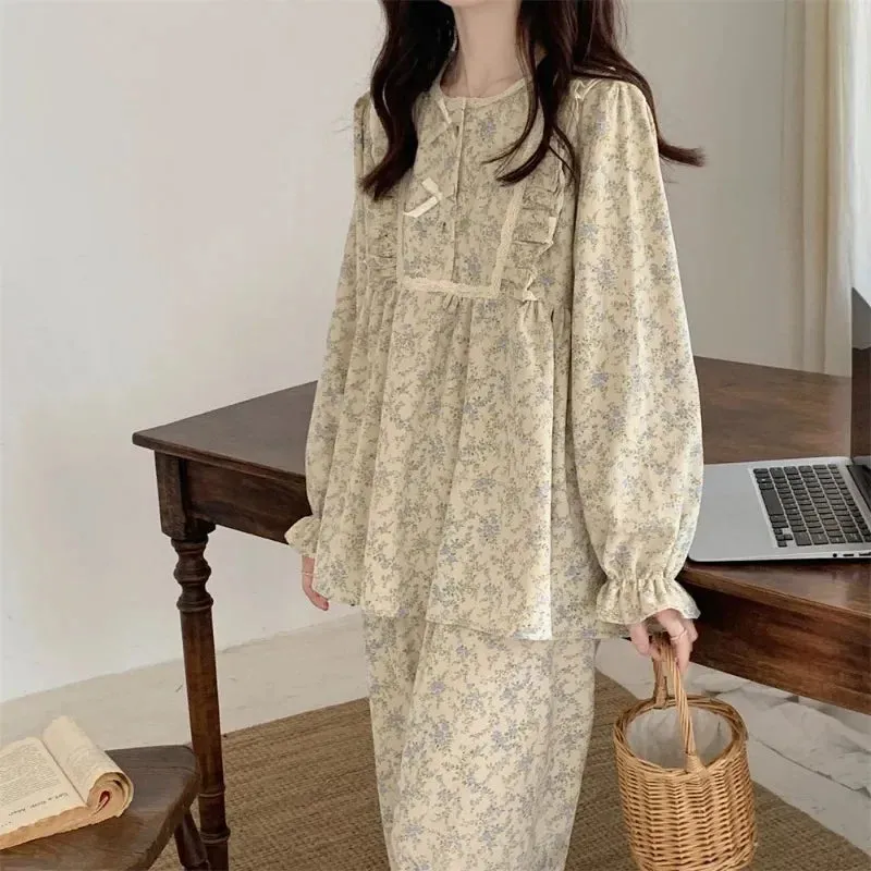 binfenxie Lace Sleepwear Vintage Women Pajamas Set for Home Floral Long Sleeve Pants Suit 2 Pieces Spring Ruffle Korean O-neck Night Wears
