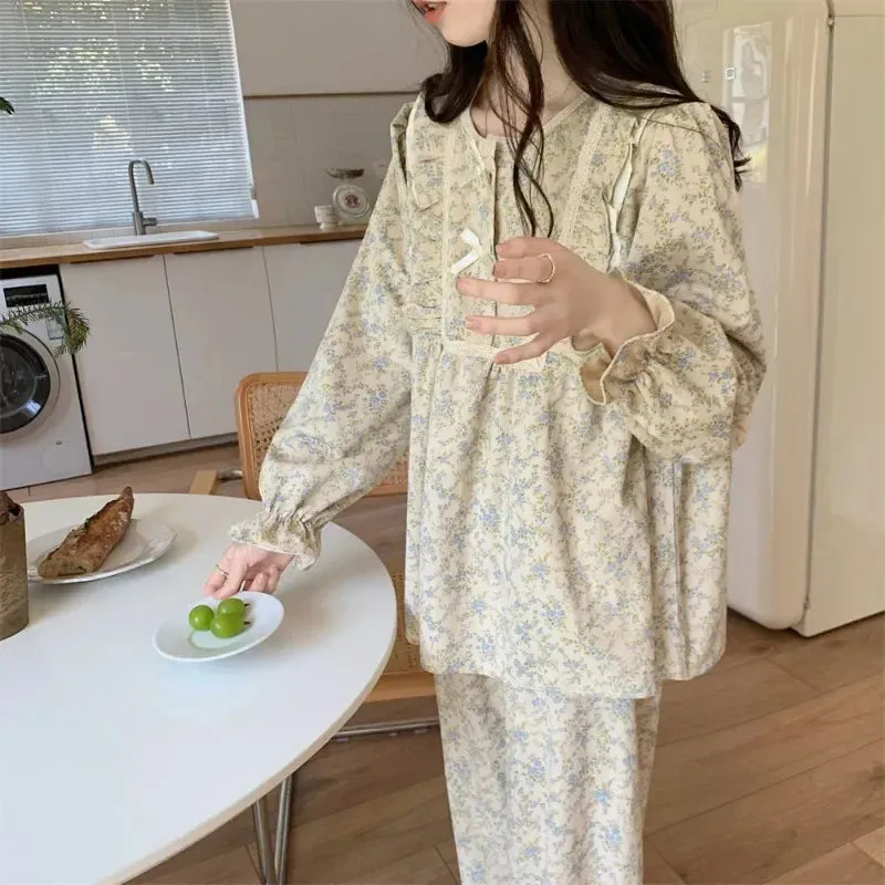 binfenxie Lace Sleepwear Vintage Women Pajamas Set for Home Floral Long Sleeve Pants Suit 2 Pieces Spring Ruffle Korean O-neck Night Wears