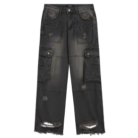 Distressed Black Denim Cargo Jeans