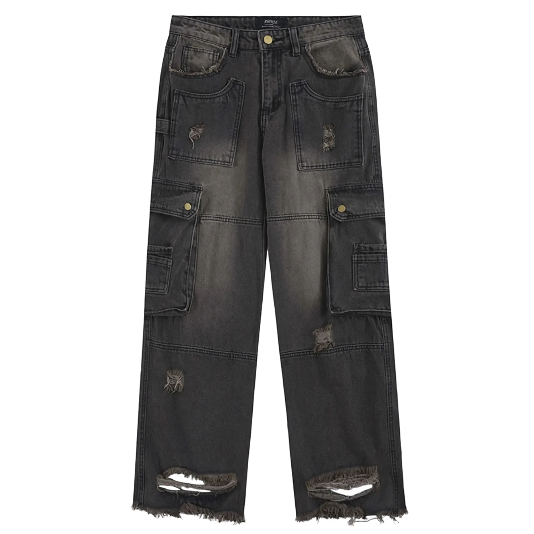 Distressed Black Denim Cargo Jeans