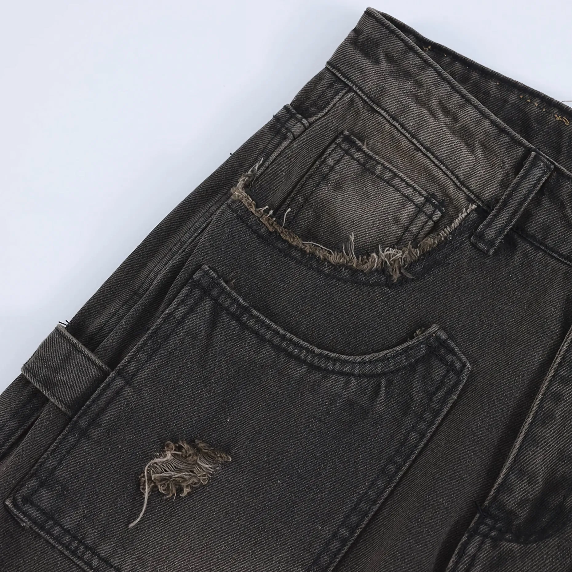 Distressed Black Denim Cargo Jeans