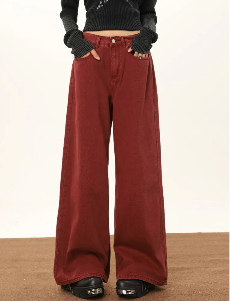 Fashion Wine Red Wide Leg Pants