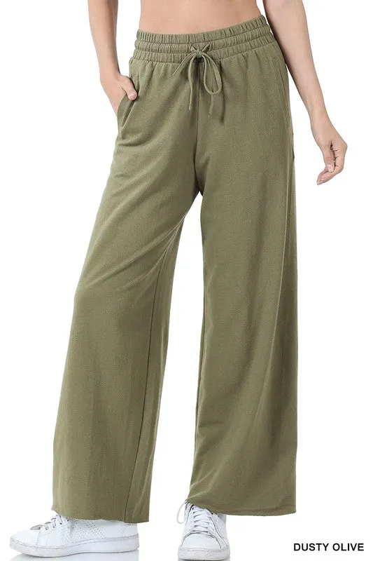 FRENCH TERRY DRAWSTRING WAIST RAW EDGE HEM PANTS