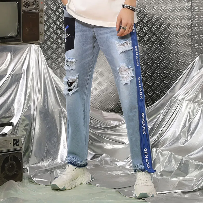 【GENANX2024NEW】Light blue cat whiskers ripped print patch jeans