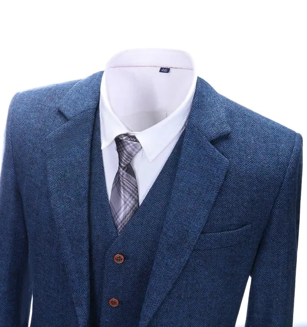 Men's Business 3 Pieces Formal  Royal Blue Herringbone Tweed Notch Lapel Suit (Blazer vest Pants)