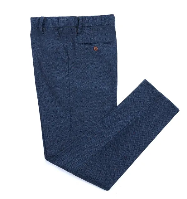 Men's Business 3 Pieces Formal  Royal Blue Herringbone Tweed Notch Lapel Suit (Blazer vest Pants)