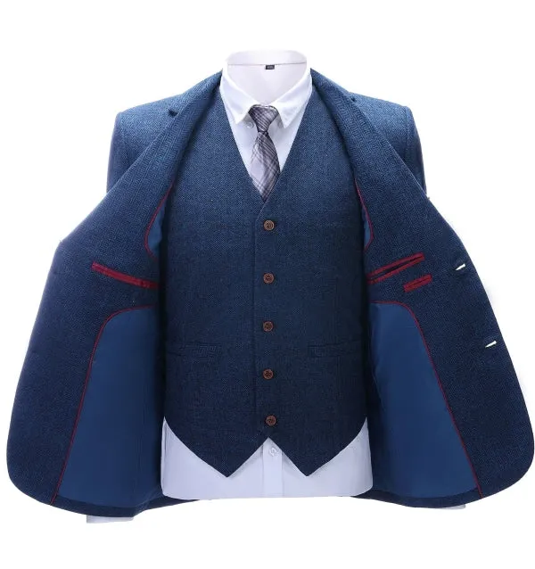 Men's Business 3 Pieces Formal  Royal Blue Herringbone Tweed Notch Lapel Suit (Blazer vest Pants)