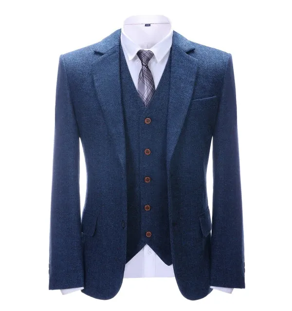 Men's Business 3 Pieces Formal  Royal Blue Herringbone Tweed Notch Lapel Suit (Blazer vest Pants)