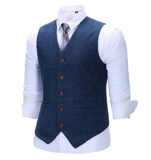 Men's Business 3 Pieces Formal  Royal Blue Herringbone Tweed Notch Lapel Suit (Blazer vest Pants)