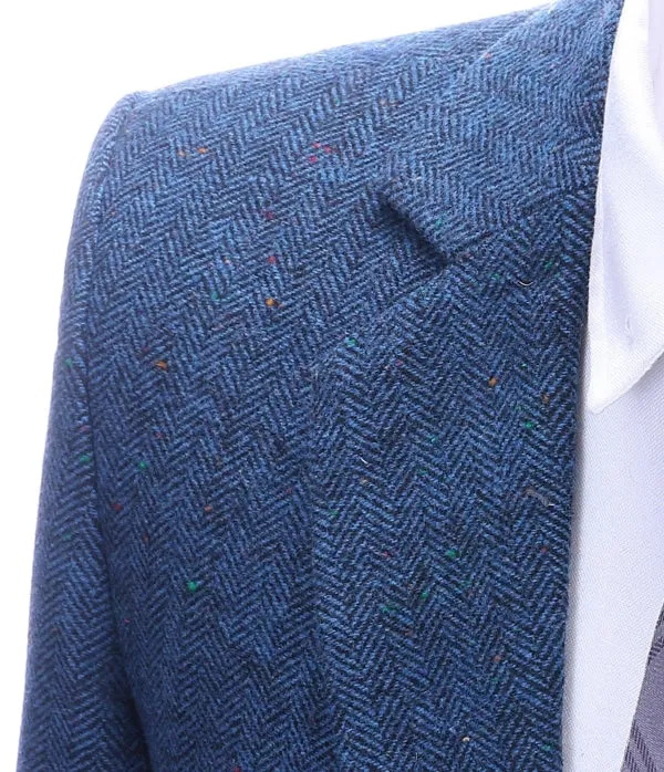 Men's Business 3 Pieces Formal  Royal Blue Herringbone Tweed Notch Lapel Suit (Blazer vest Pants)