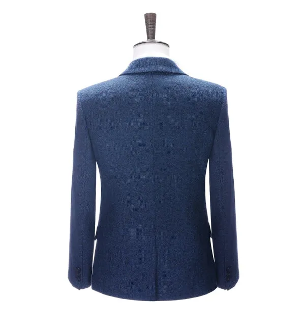 Men's Business 3 Pieces Formal  Royal Blue Herringbone Tweed Notch Lapel Suit (Blazer vest Pants)