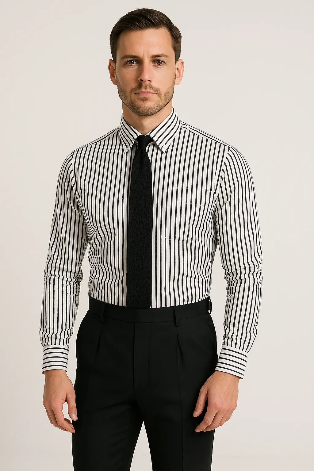 Mens Long Sleeve Shirt  Tailored Fit  Cotton Blend  Striped Button-Down Formal Wear