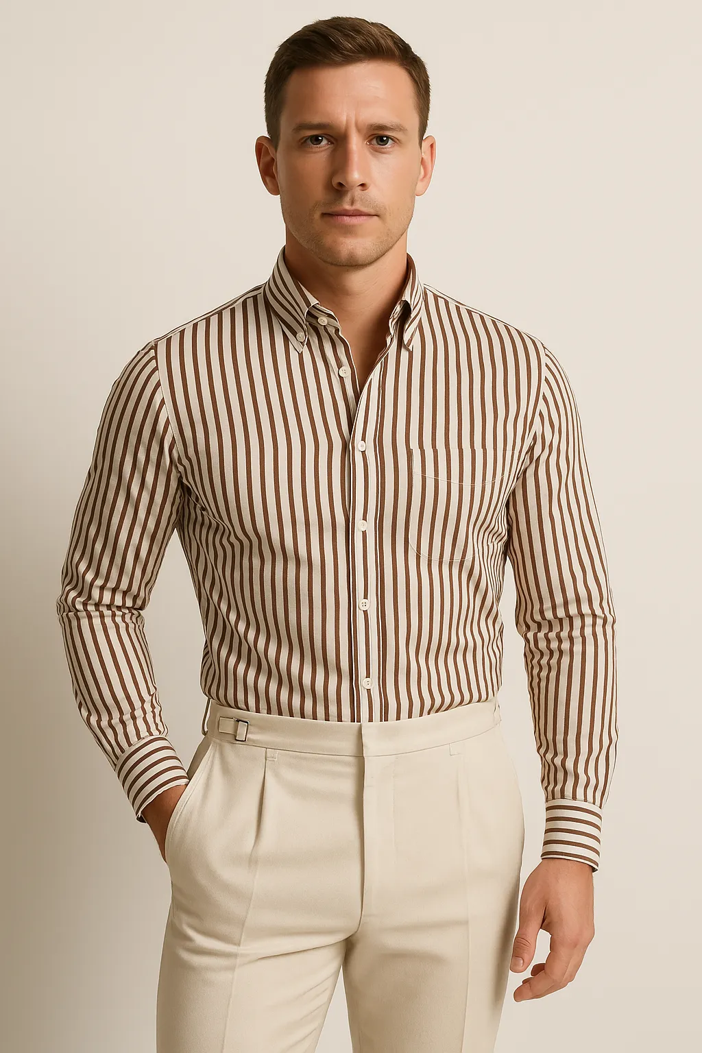 Mens Long Sleeve Shirt  Tailored Fit  Cotton Blend  Striped Button-Down Formal Wear
