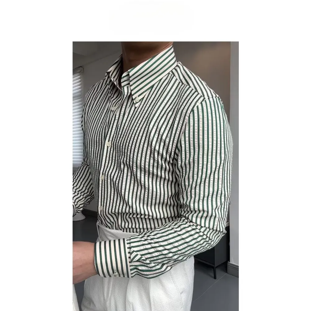 Mens Long Sleeve Shirt  Tailored Fit  Cotton Blend  Striped Button-Down Formal Wear