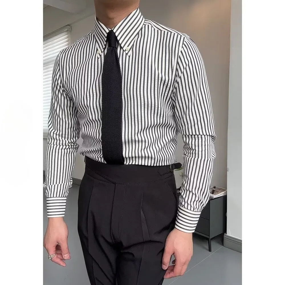 Mens Long Sleeve Shirt  Tailored Fit  Cotton Blend  Striped Button-Down Formal Wear
