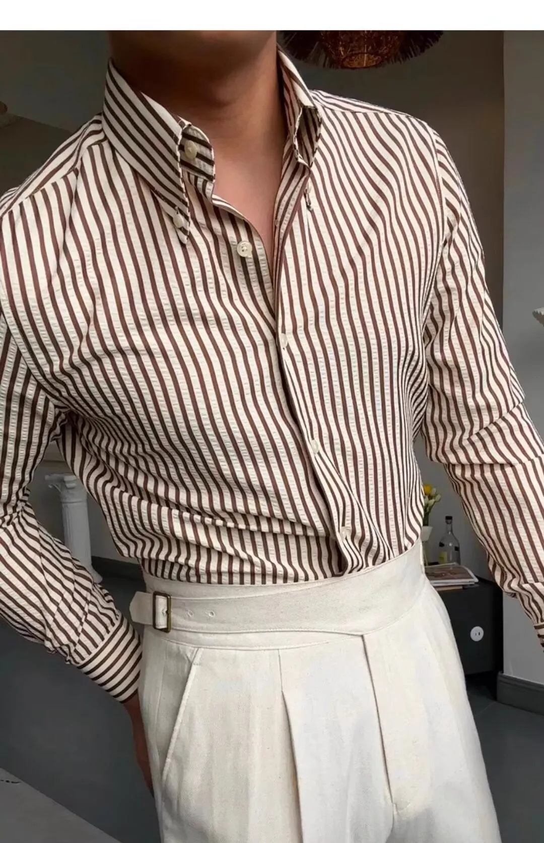 Mens Long Sleeve Shirt  Tailored Fit  Cotton Blend  Striped Button-Down Formal Wear