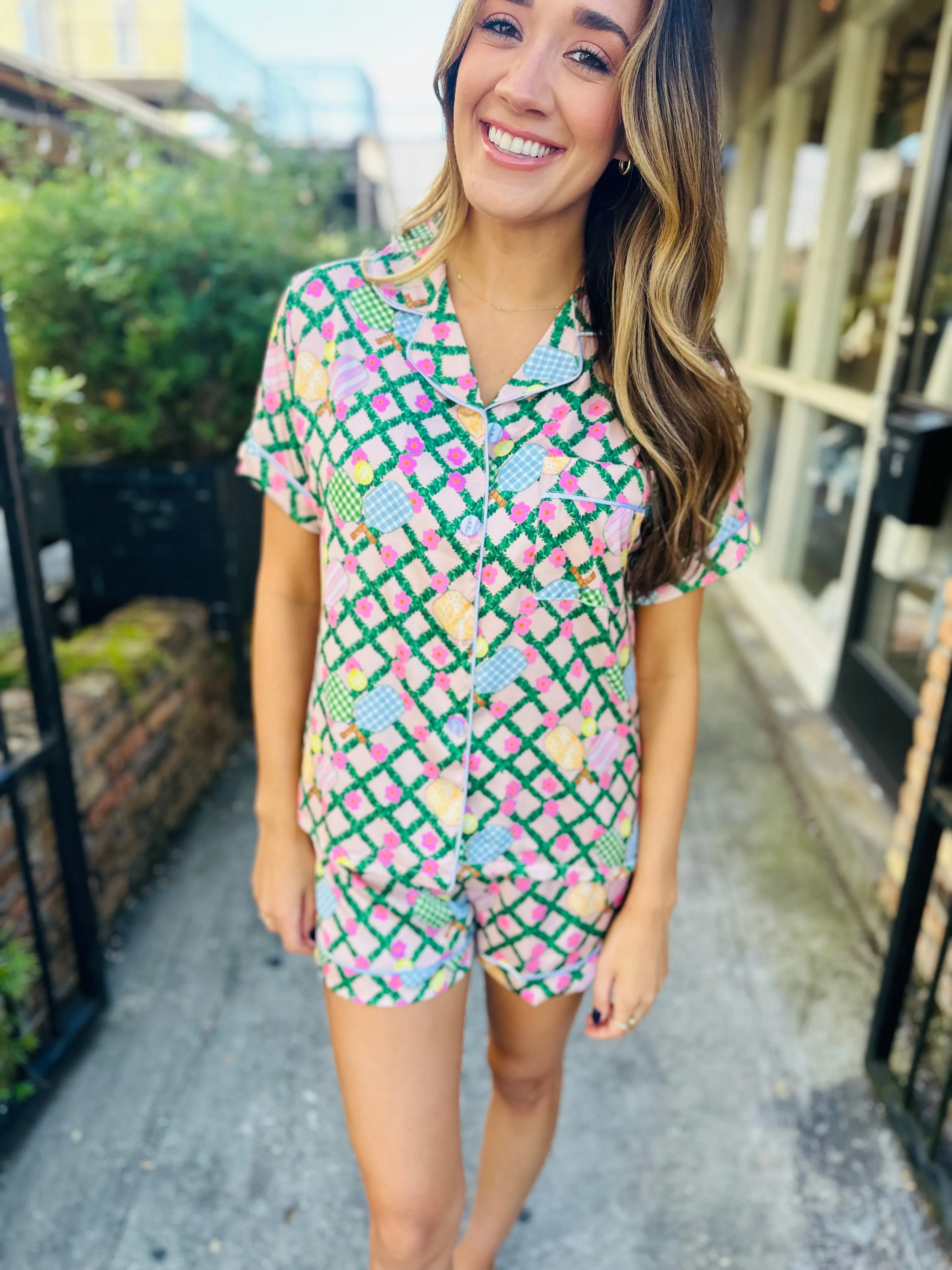 Pickleball Satin Pajamas- Pink & Green