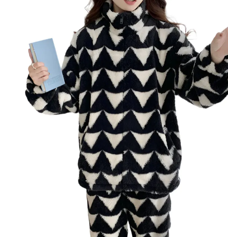 Plush Triangle Print Jacket Pajama Set