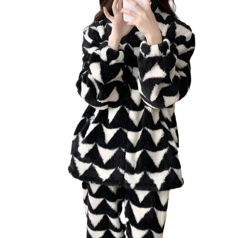 Plush Triangle Print Jacket Pajama Set