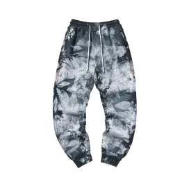 Retro style black grey tie-dye printed embroidered stretch leg sports casual pants