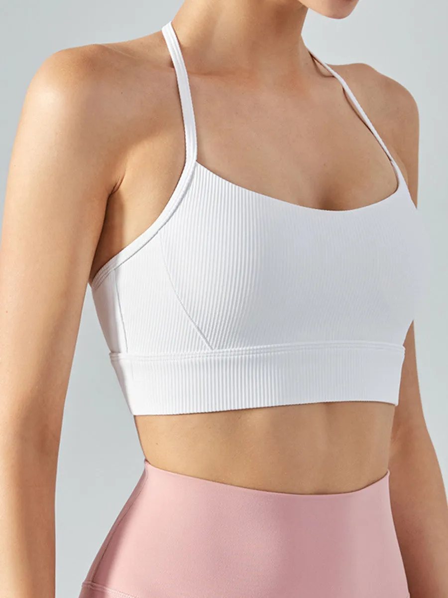 Solid Slim Fit Backless Sports Halter Top Yoga Cami Gym Top with Chest Pads