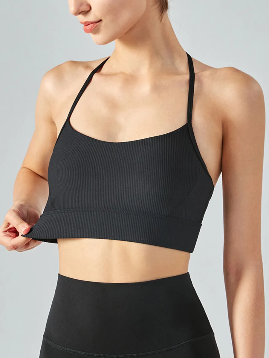 Solid Slim Fit Backless Sports Halter Top Yoga Cami Gym Top with Chest Pads
