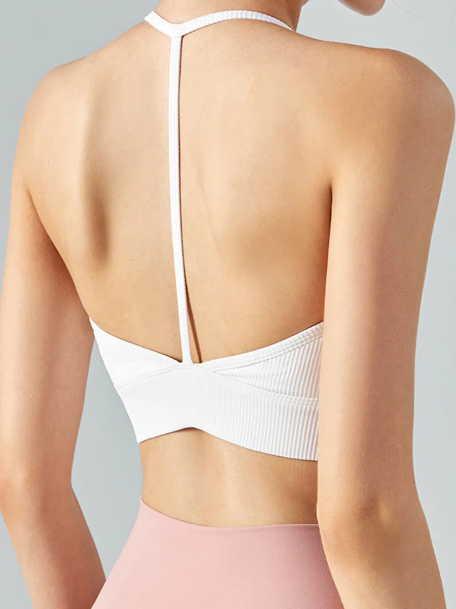 Solid Slim Fit Backless Sports Halter Top Yoga Cami Gym Top with Chest Pads