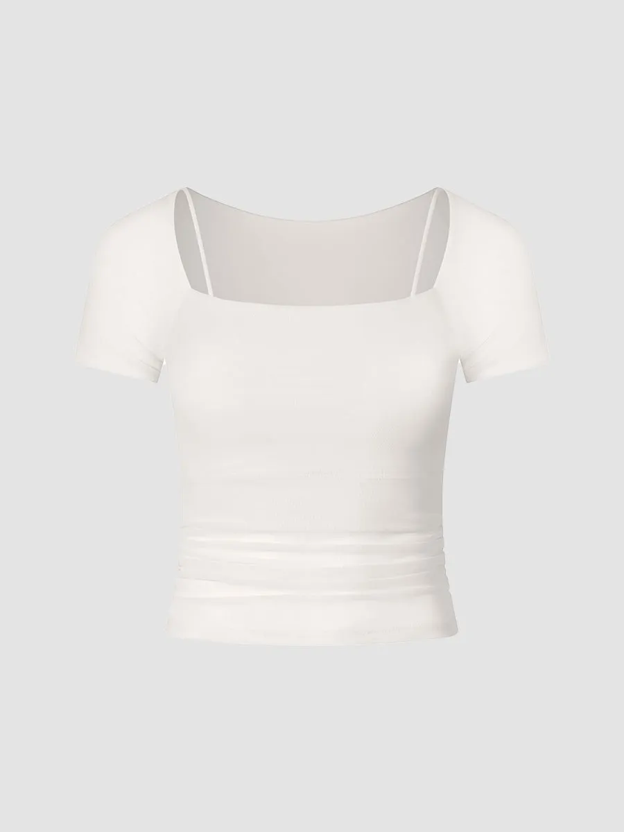 Solid Slim Fit Fake Two Piece Mesh Short Sleeves Gym Top with Chest Pads