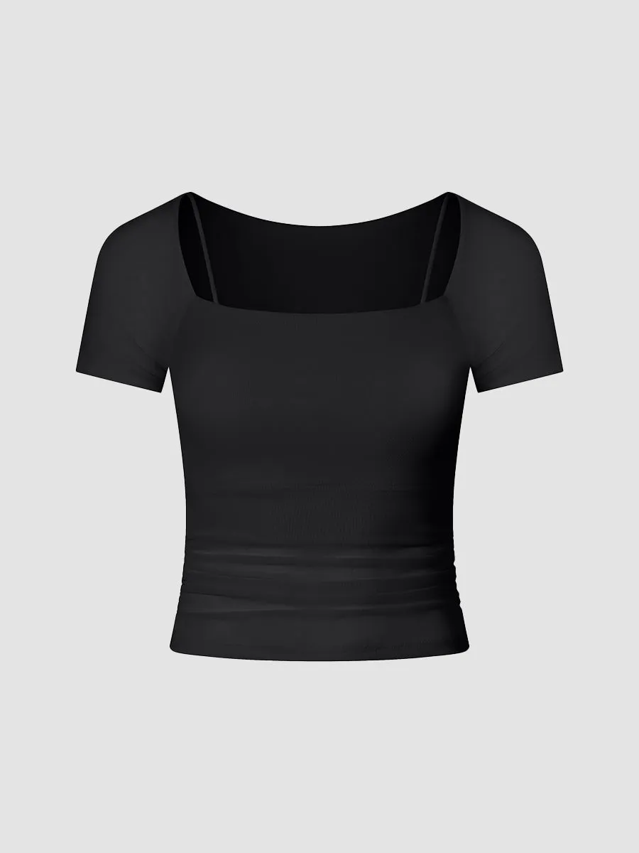 Solid Slim Fit Fake Two Piece Mesh Short Sleeves Gym Top with Chest Pads
