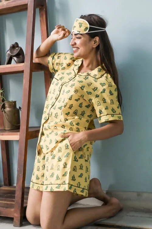 Sootisyahi 'Yellow Penguine' Hand Printed Cotton Night Suit