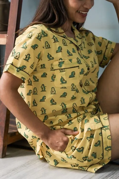 Sootisyahi 'Yellow Penguine' Hand Printed Cotton Night Suit