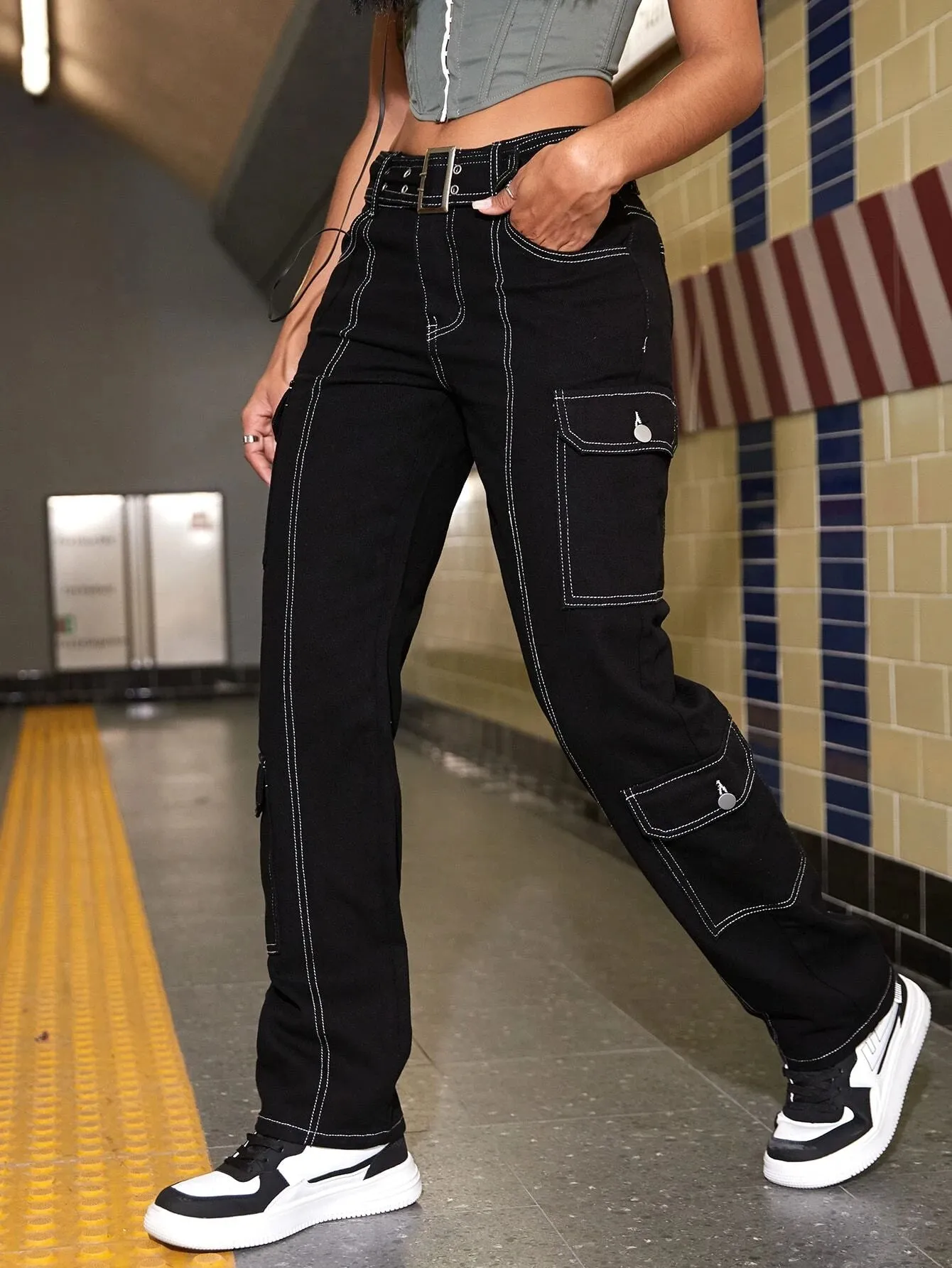 Stitched Buckled Belted Cargo Jeans