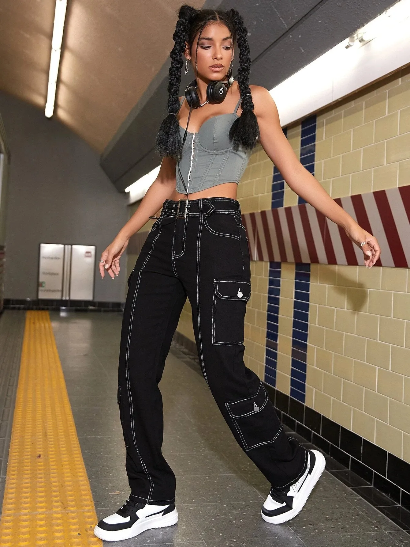 Stitched Buckled Belted Cargo Jeans