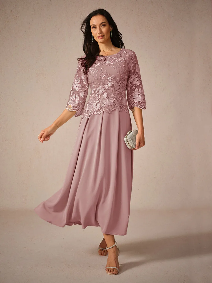 Womens Maxi Dress  Lace Bodice  Flowing Fit  Three-Quarter Sleeve  Formal Wear