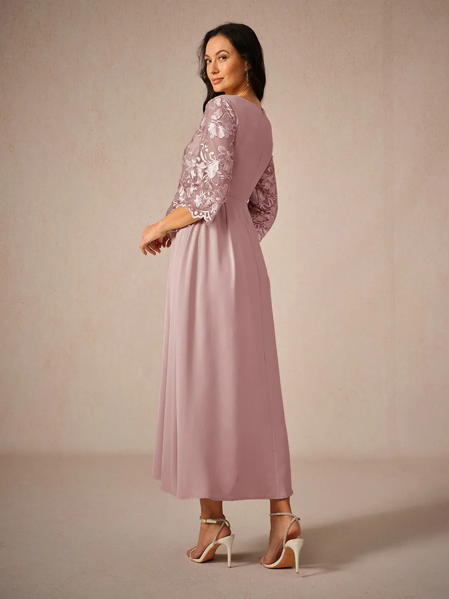 Womens Maxi Dress  Lace Bodice  Flowing Fit  Three-Quarter Sleeve  Formal Wear
