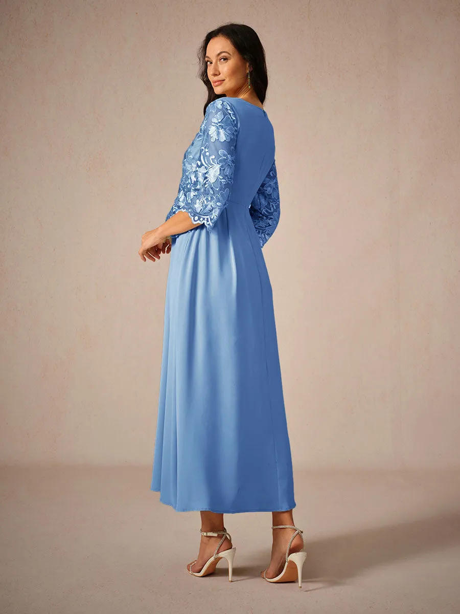 Womens Maxi Dress  Lace Bodice  Flowing Fit  Three-Quarter Sleeve  Formal Wear
