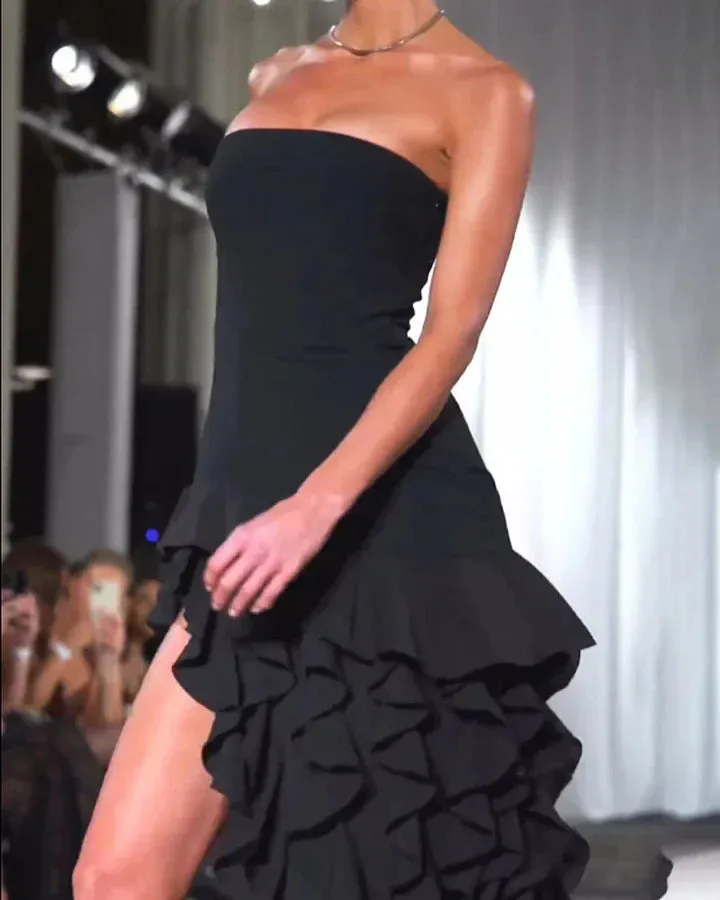 Women's Strapless Evening Dress - High-Low Ruffle Hem - Elegant Formal Wear