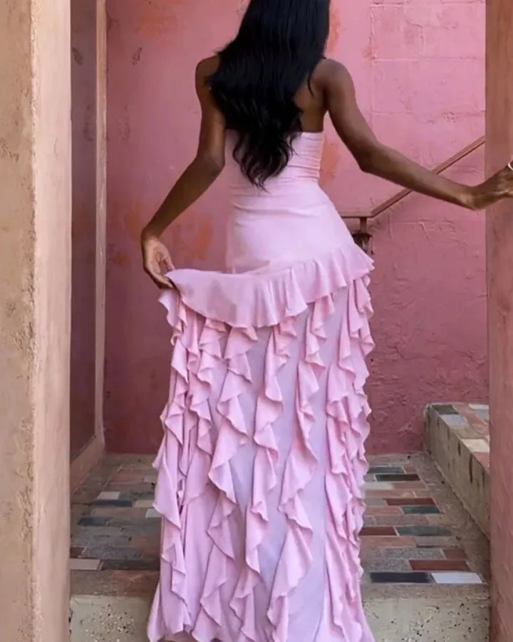 Women's Strapless Evening Dress - High-Low Ruffle Hem - Elegant Formal Wear